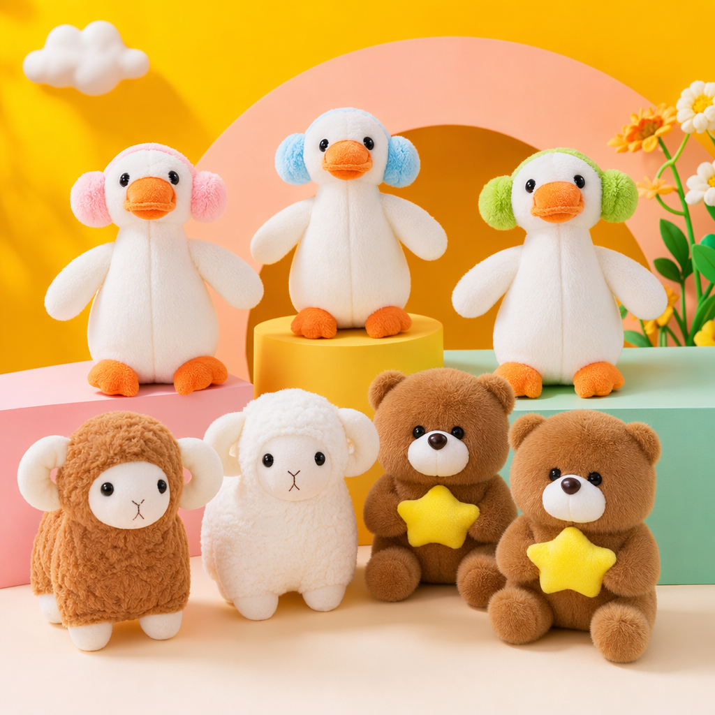 Three white duck plush toys with ear muffs are cute and fun home decorations Specification image