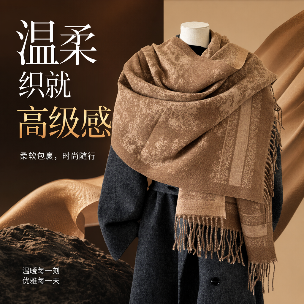 米棕色花纹流苏围巾+模特细节图