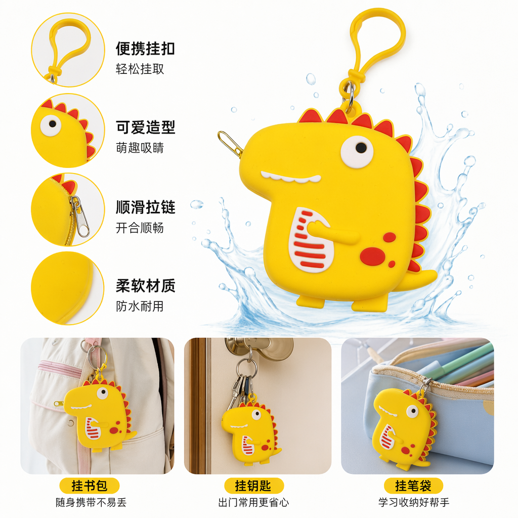 Source factory cartoon little dinosaur silicone coin purse, cute mini pendant, earphone storage case, children's soft rubber coin small bag wholesale