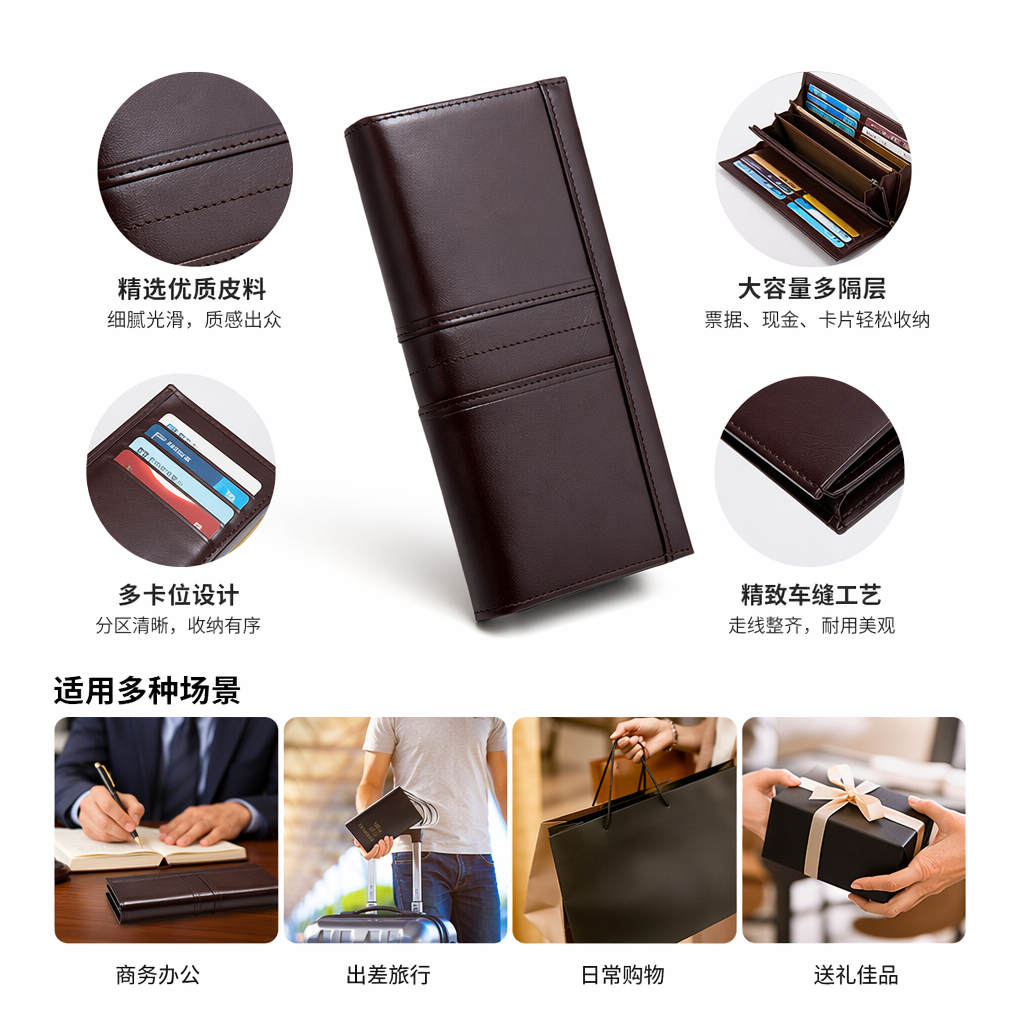 A brown leather long wallet for women, simple, large-capacity, multi-slot zipper clutch
