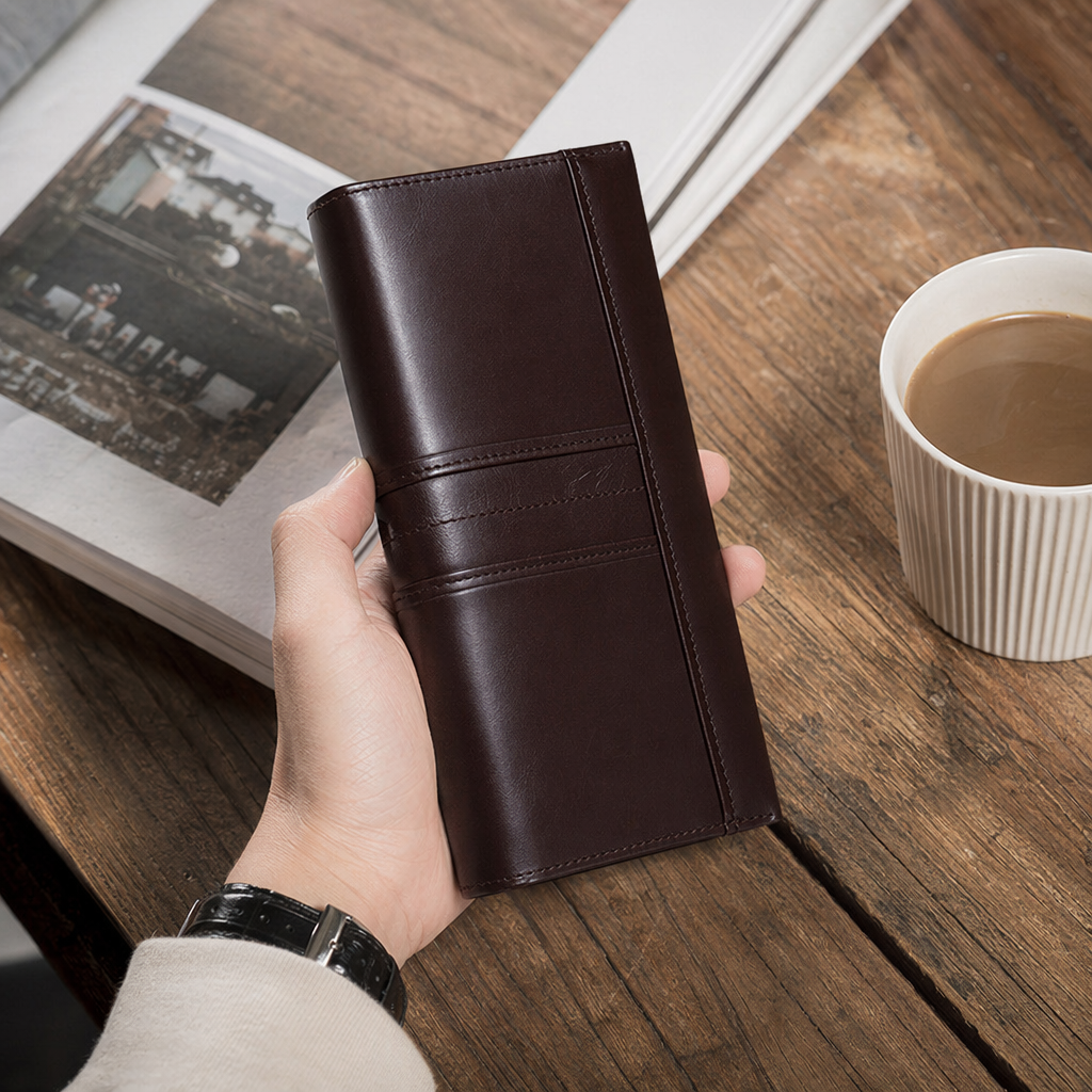 A brown leather long wallet for women, simple, large-capacity, multi-slot zipper clutch details Picture