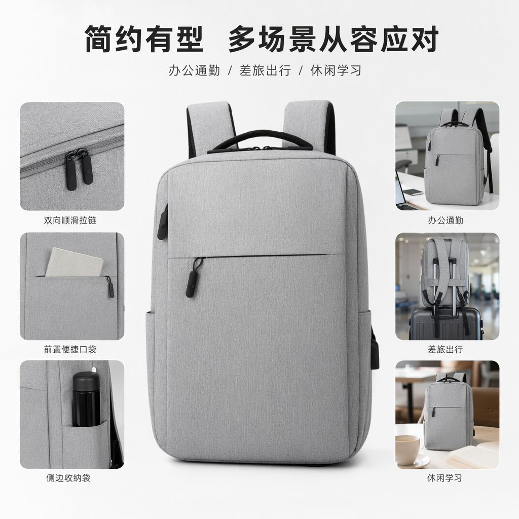 A simple and fashionable grey backpack, a lightweight and large-capacity student commuting travel bag