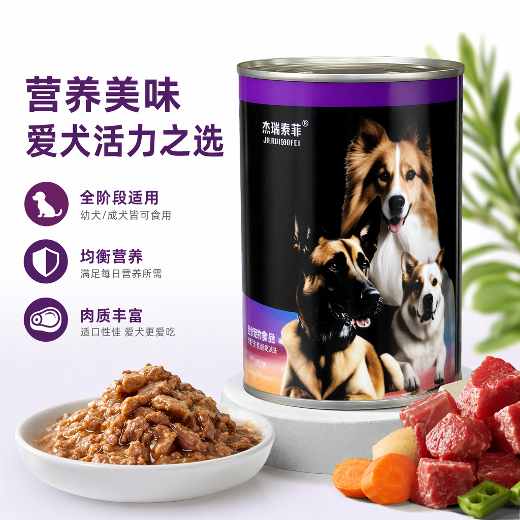 印有三只狗图案宠物罐头 猫狗通用主食湿粮营养均衡