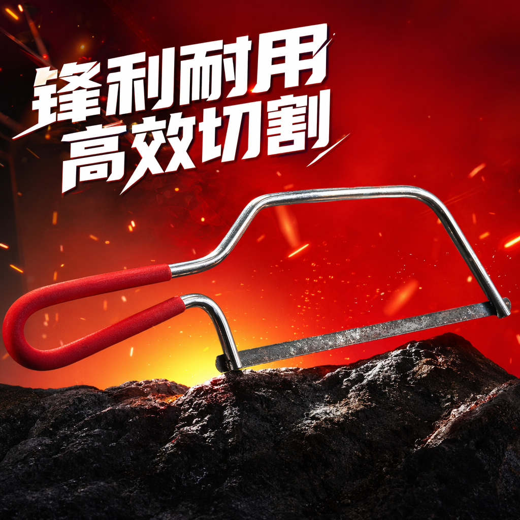 The red-handled metal bow saw is a durable and labor-saving household hand sawing tool Specification image
