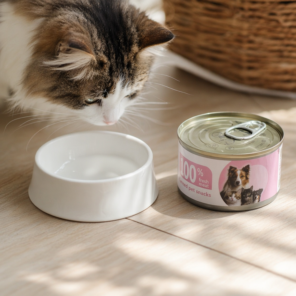 Pink label canned food comes in a variety of flavors to choose from. Family packaging, fresh-keeping and sealed details Picture