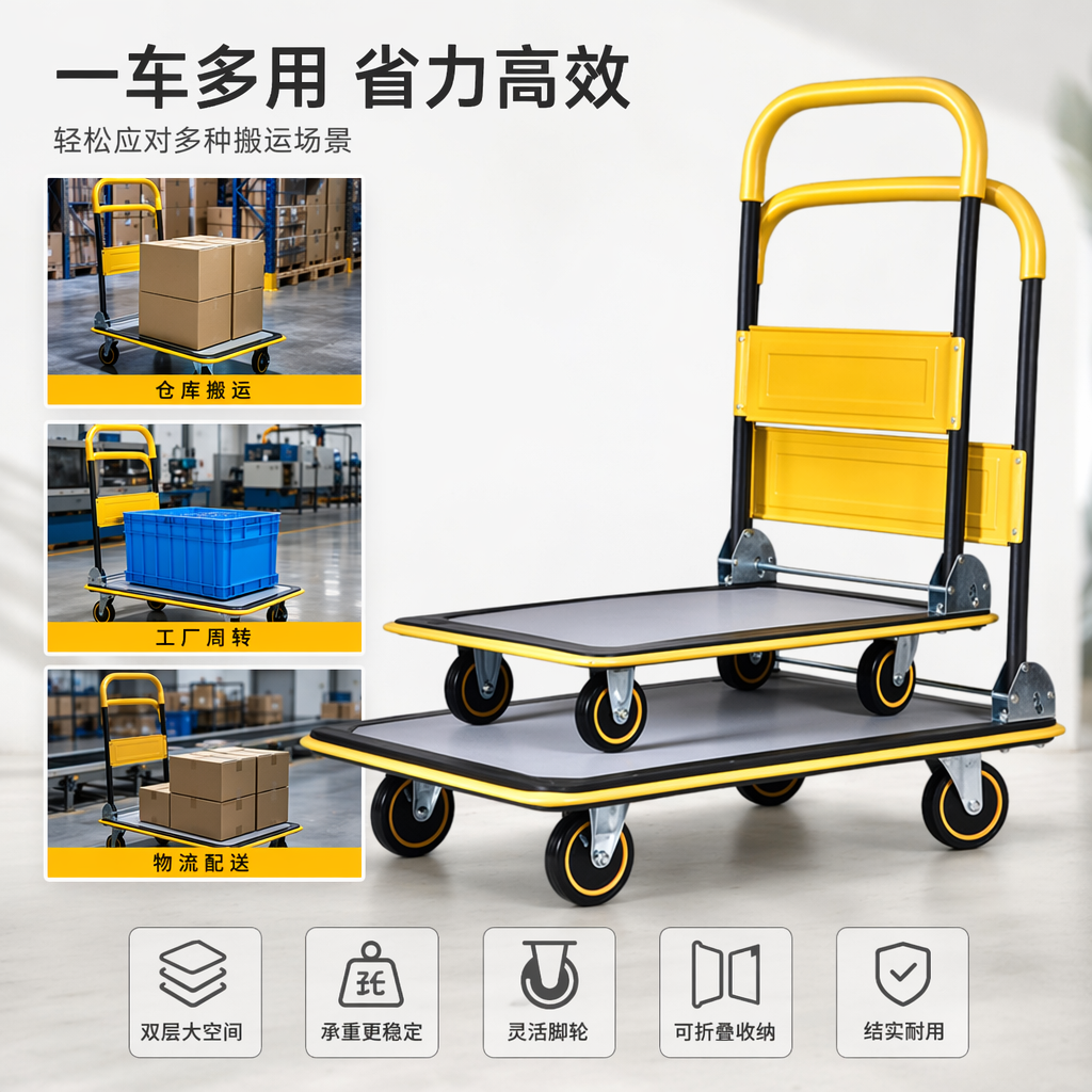 黄色折叠手推车家用轻便承重可收纳购物车