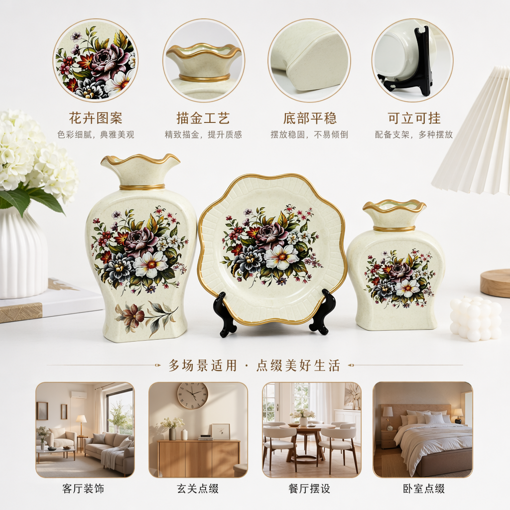 浅青色花卉装饰陶瓷摆件组合含两 vase 一盘图