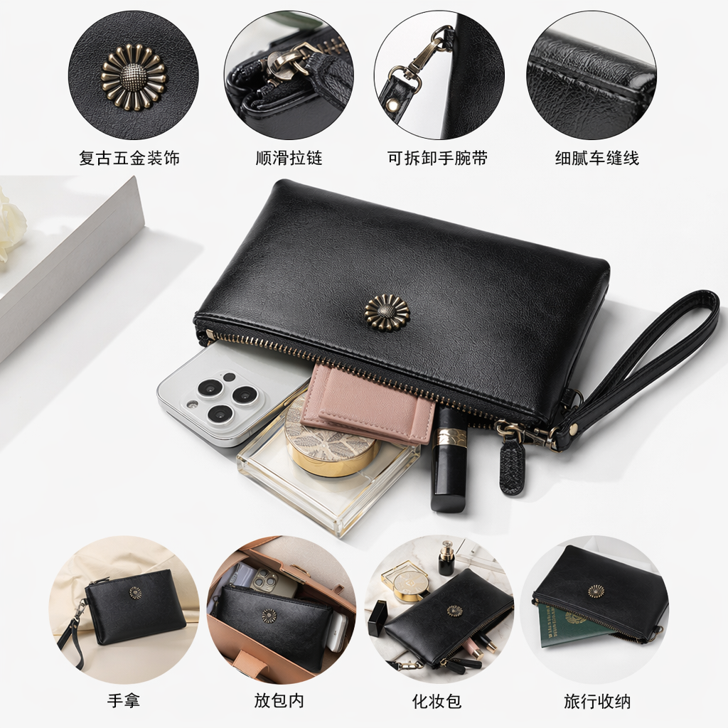 黑色皮质手拿包配金色花朵装饰带腕带