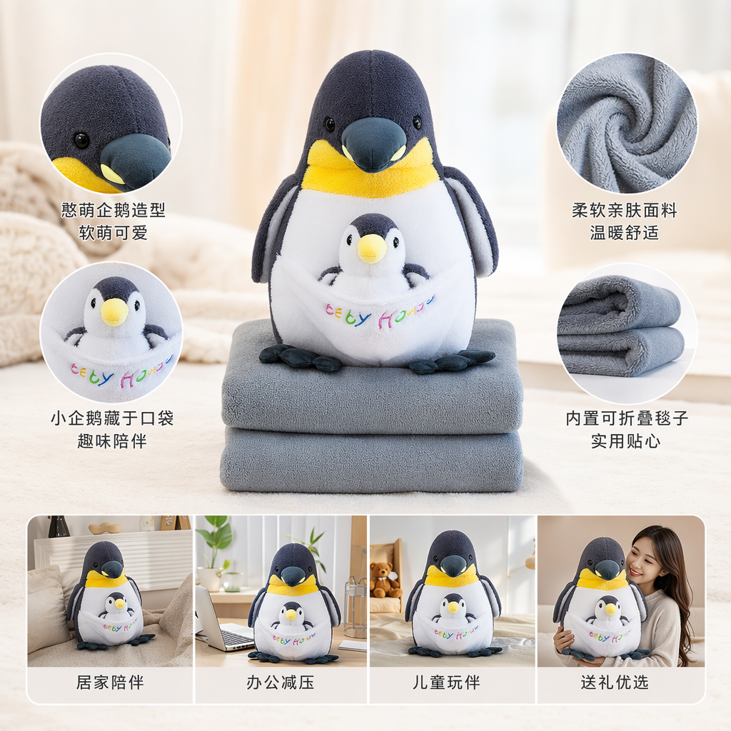 灰色毛绒企鹅玩偶抱小企鹅 企鹅造型毛绒玩具