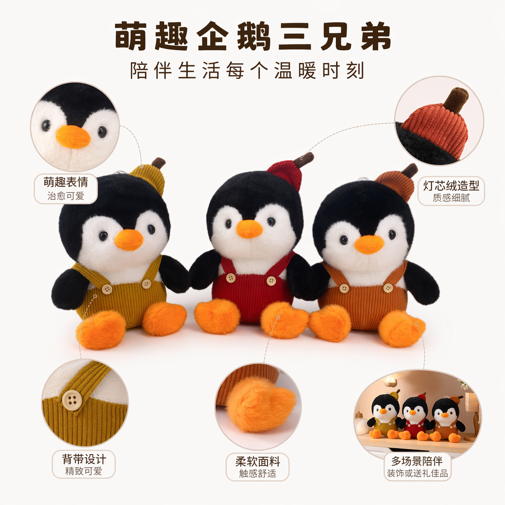 Three cute and adorable penguin plush dolls in overalls for home decoration