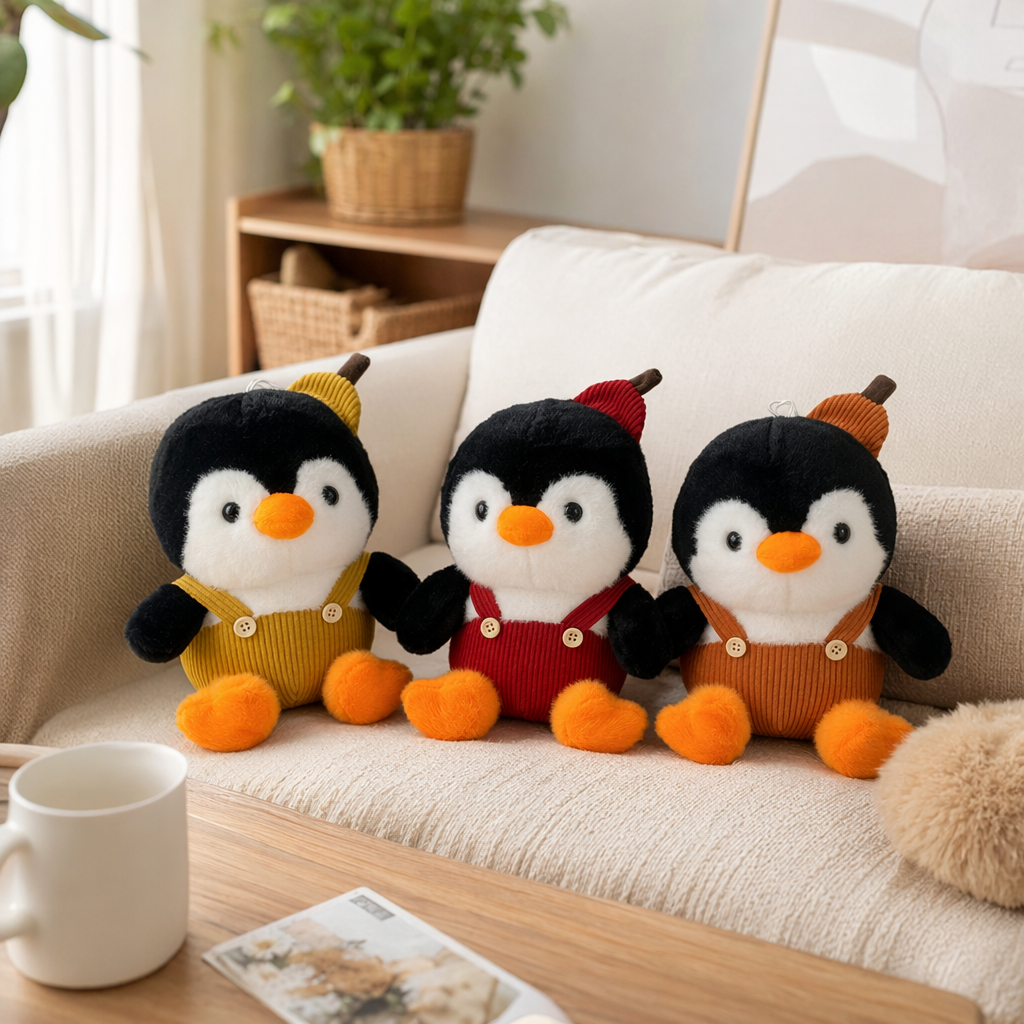Three cute and adorable penguin plush dolls in overalls for home decoration details Picture