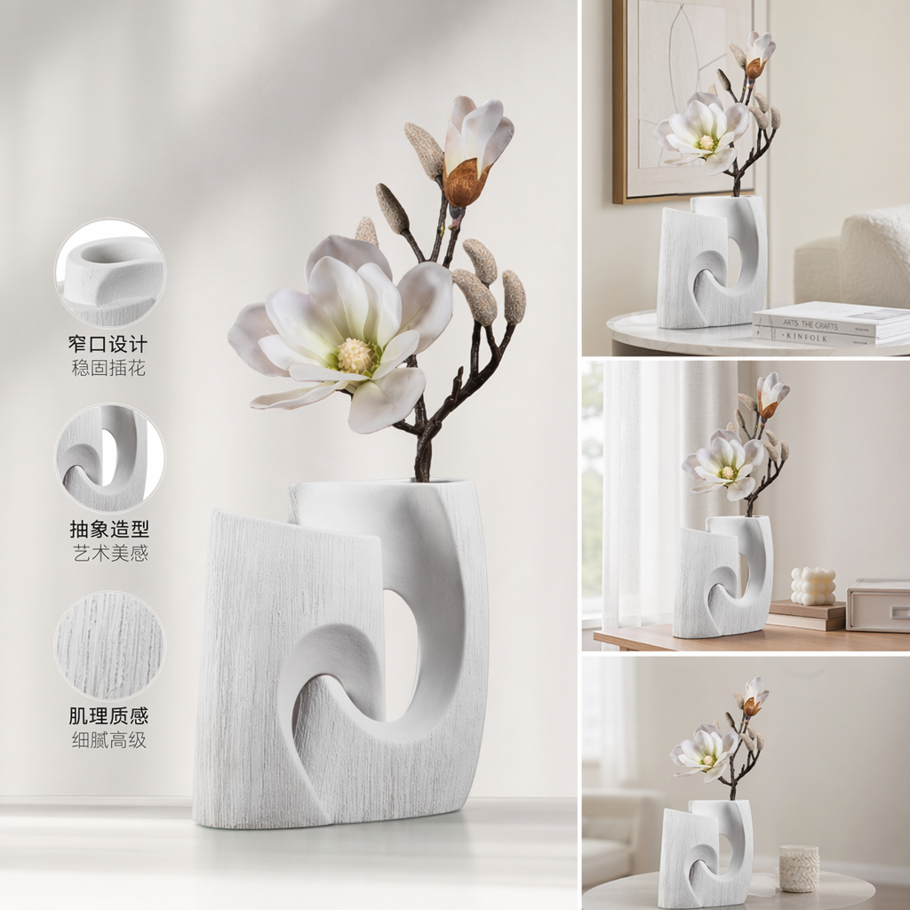 A white abstract vase with magnolia branches for home decoration