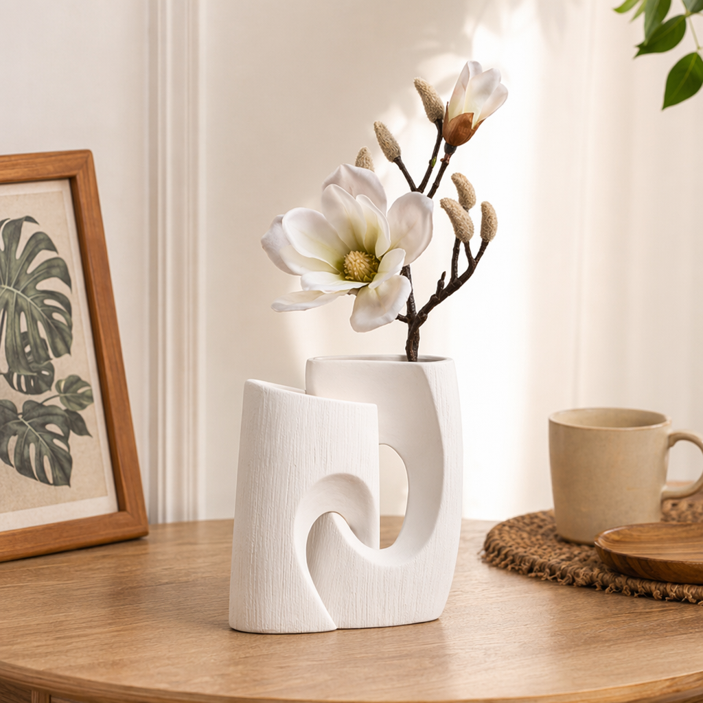 A white abstract vase with magnolia branches for home decoration details Picture