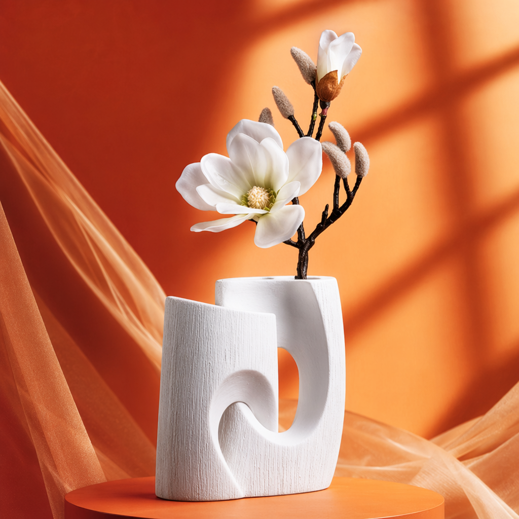 A white abstract vase with magnolia branches for home decoration Specification image
