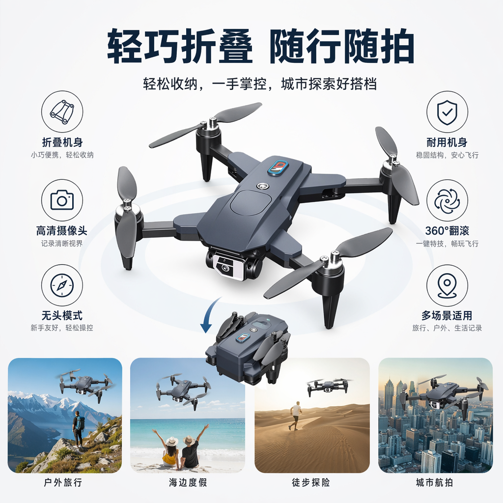 灰色无人机航拍器高清摄像遥控飞行器可折叠便携式图