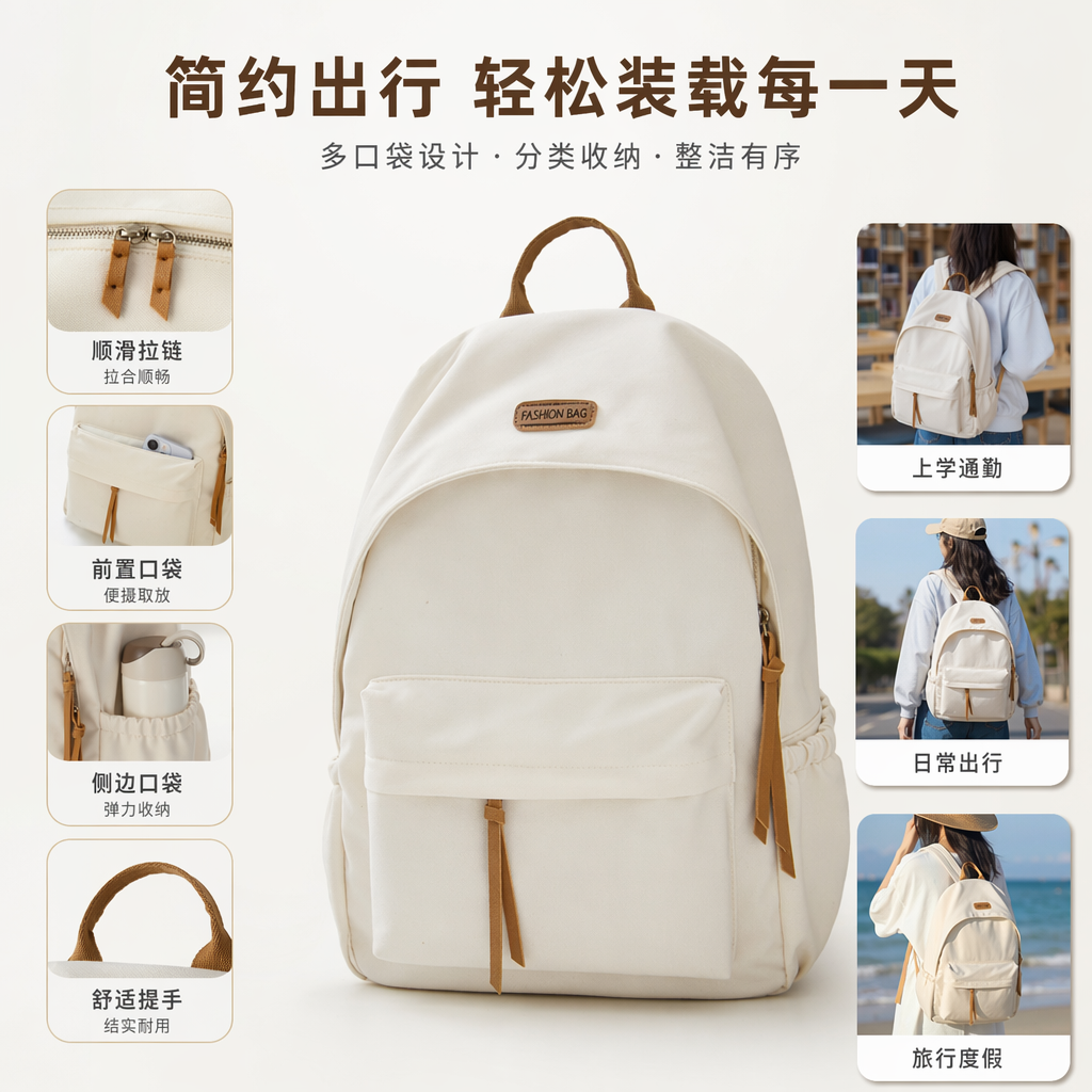 A lightweight and large-capacity student commuting and leisure backpack in off-white color