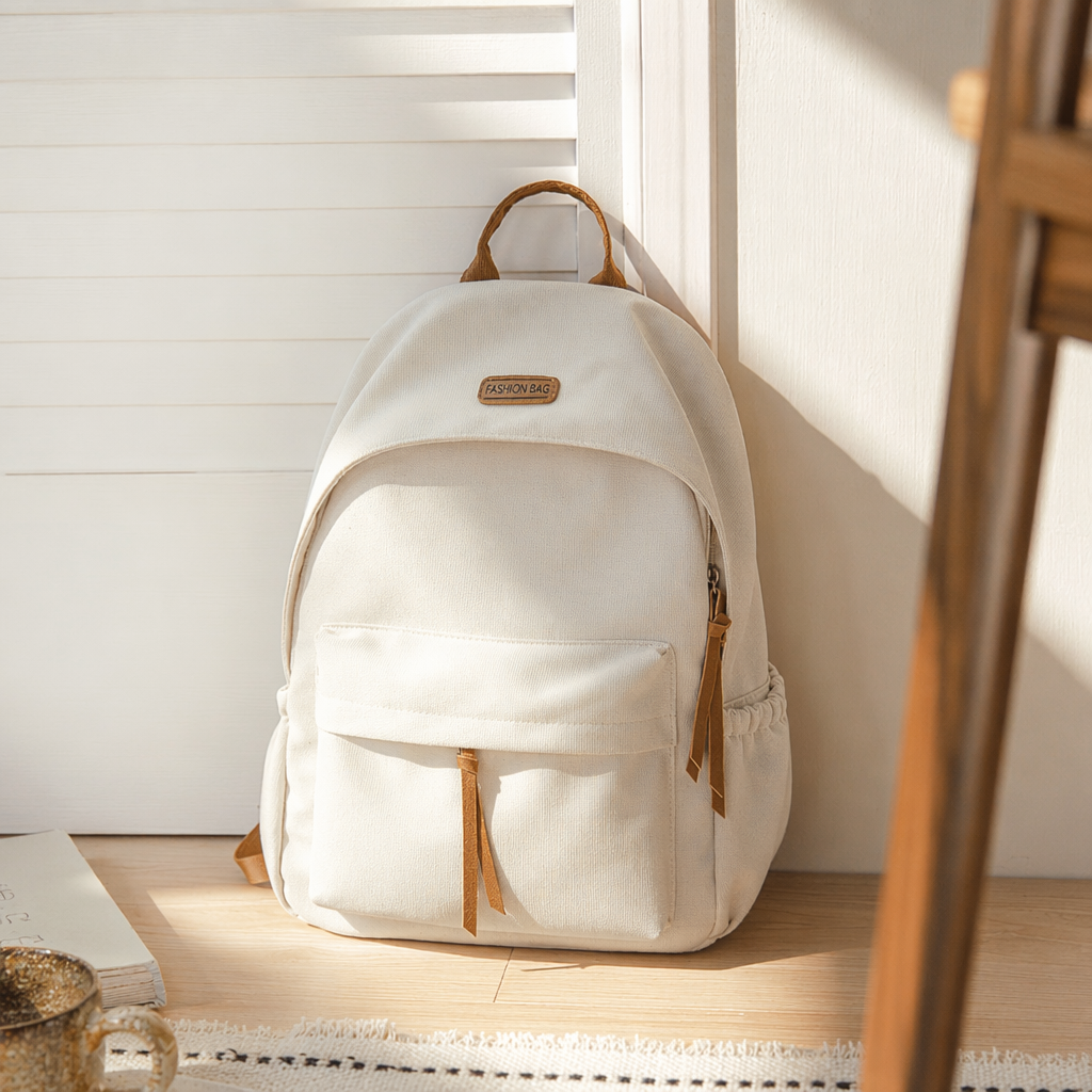 A lightweight and large-capacity student commuting and leisure backpack in off-white color details Picture