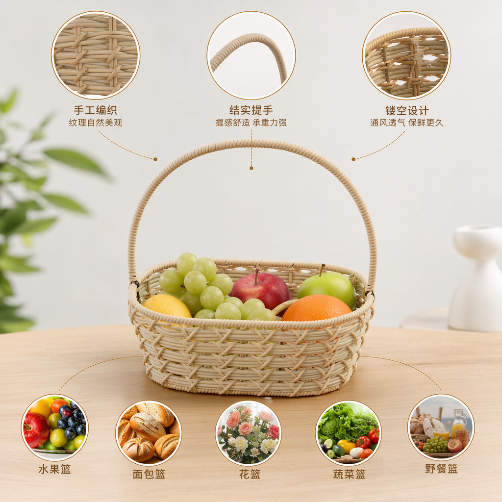 Beige rattan woven storage basket for home decoration, hand-woven in a simple style
