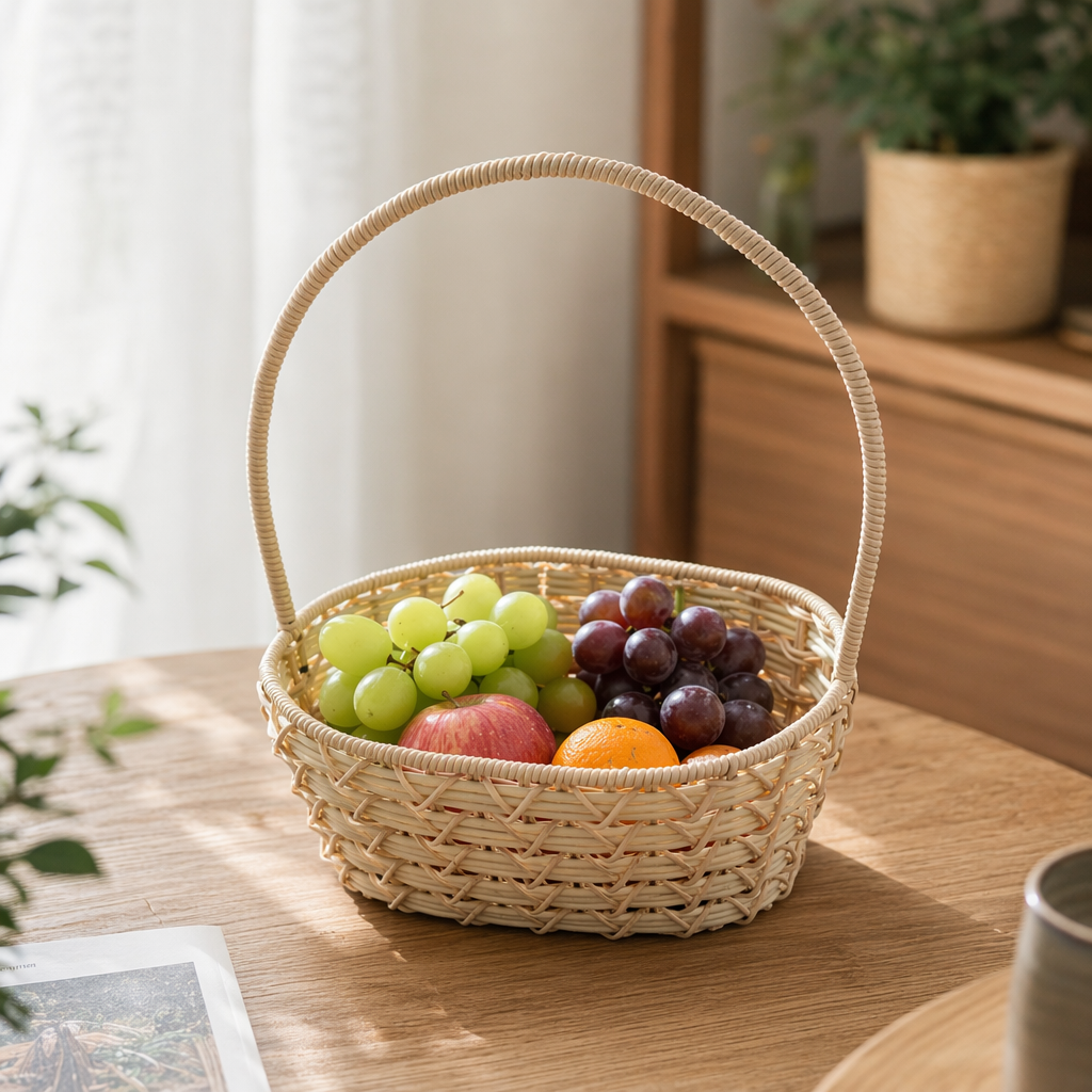 Beige rattan woven storage basket for home decoration, hand-woven in a simple style details Picture