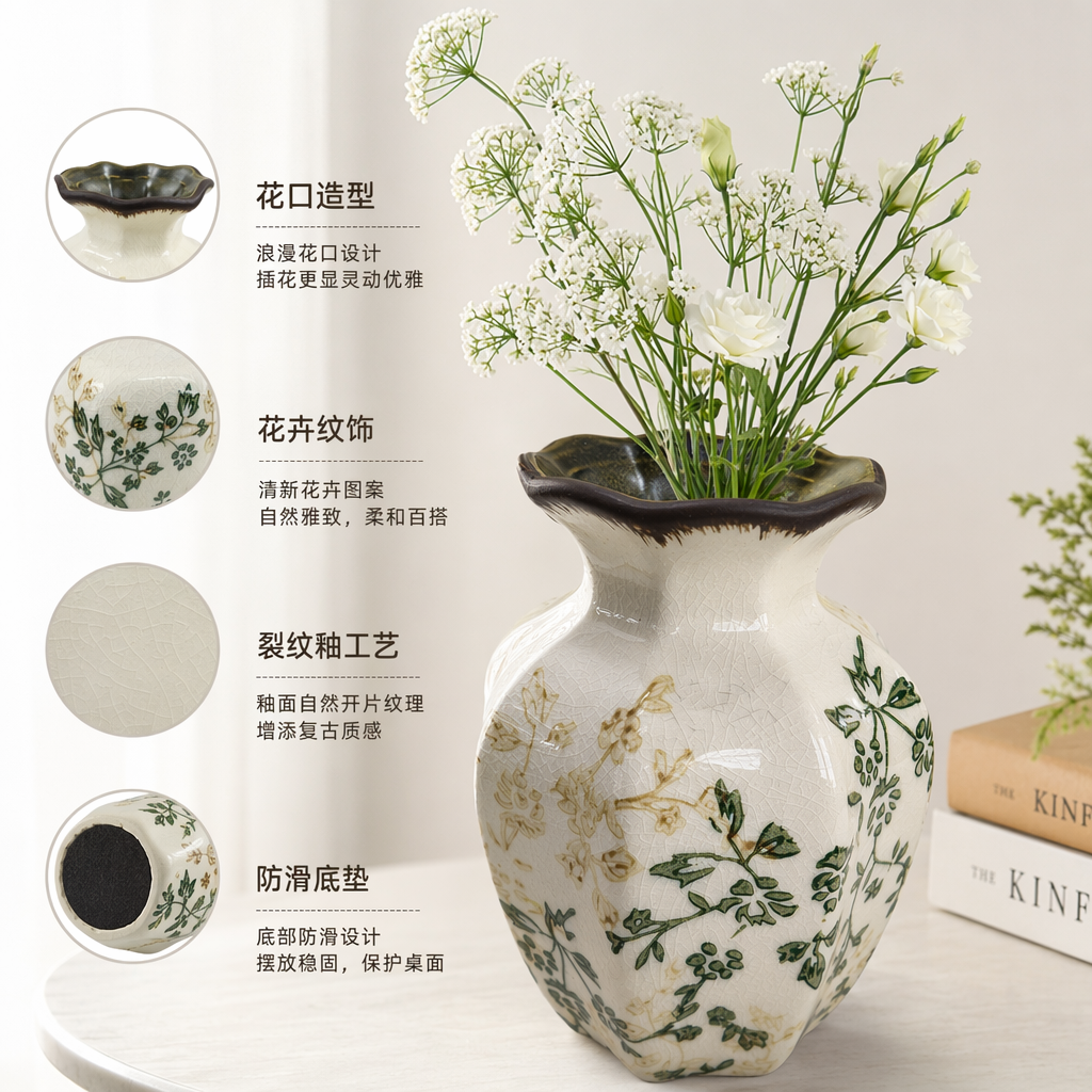 The white cracked glaze wavy mouth vase is decorated with greenish-brown plant patterns