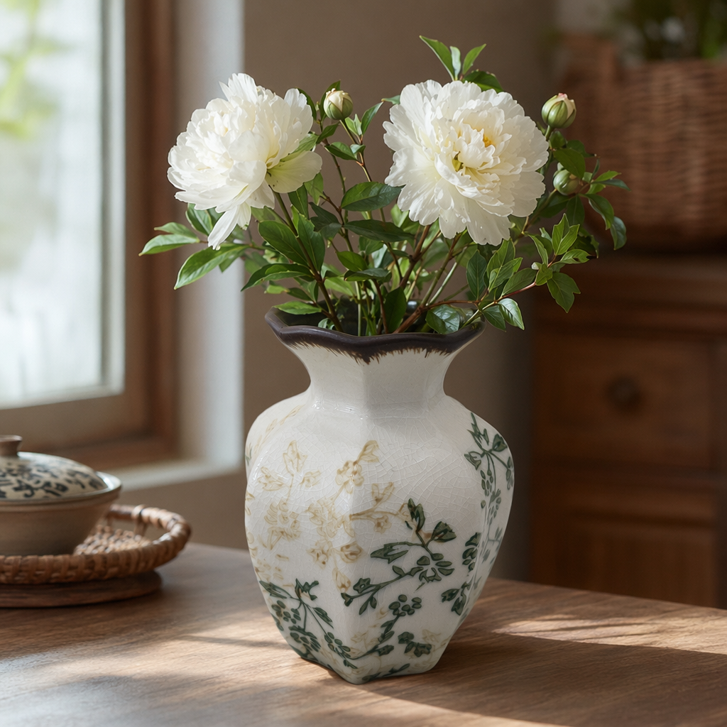 The white cracked glaze wavy mouth vase is decorated with greenish-brown plant patterns details Picture
