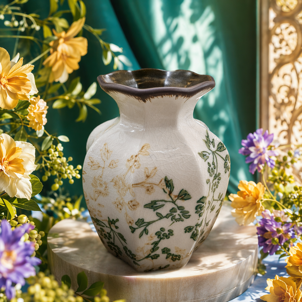 The white cracked glaze wavy mouth vase is decorated with greenish-brown plant patterns Specification image