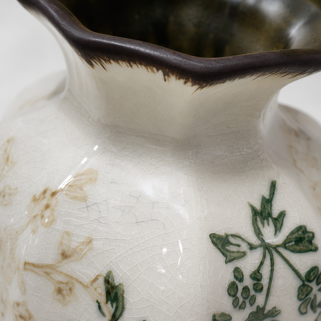 The white cracked glaze wavy mouth vase is decorated with greenish-brown plant patterns Application Scenario