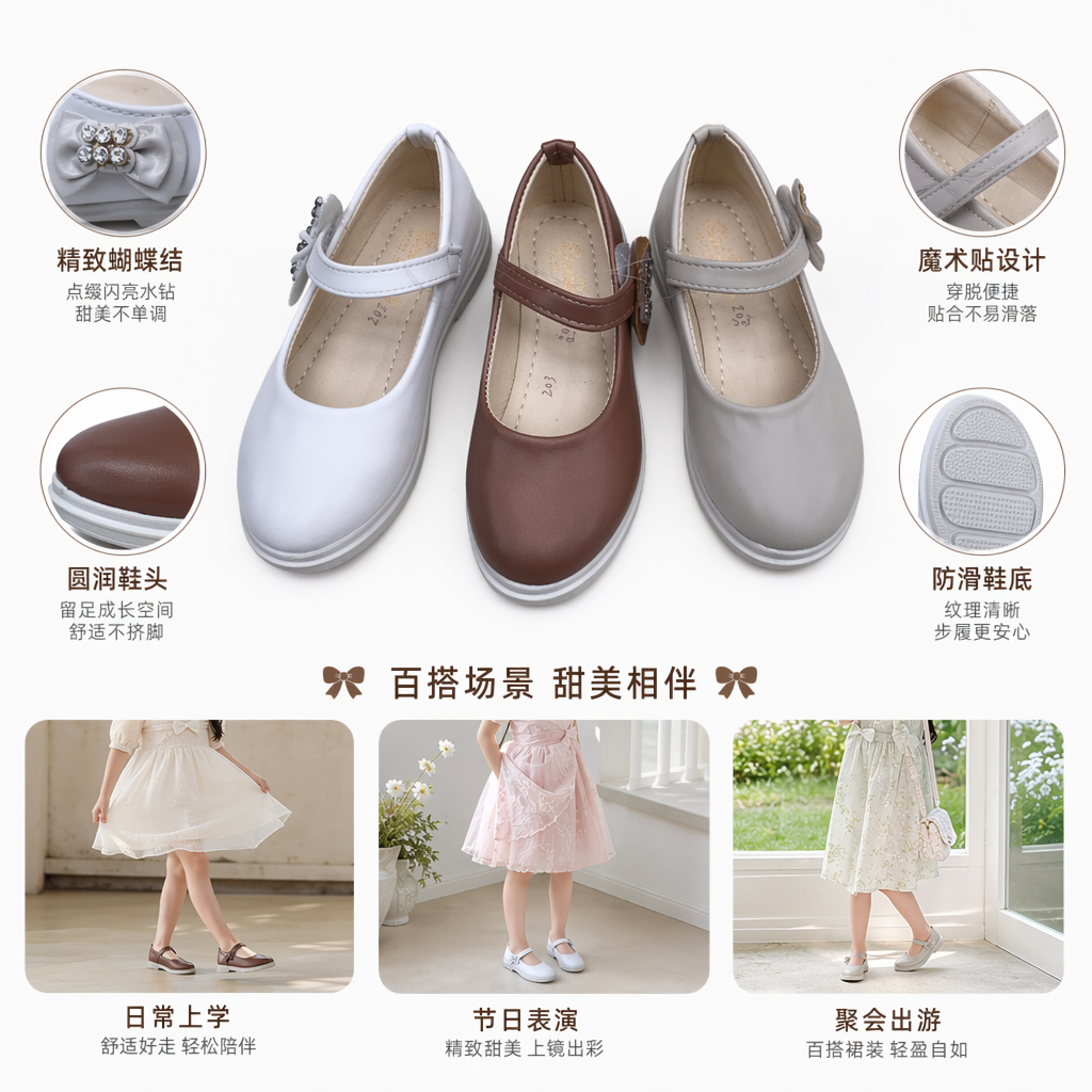 三双装儿童玛丽珍鞋女童圆头搭扣单鞋图
