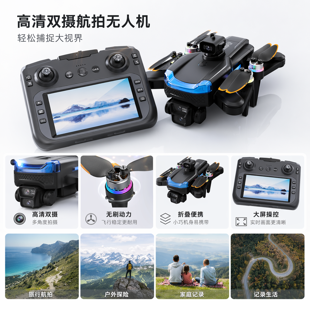 The J19P smart aerial photography drone black set includes a screen remote control, a color propeller camera and a blue decorative strip