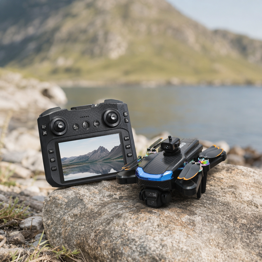 The J19P smart aerial photography drone black set includes a screen remote control, a color propeller camera and a blue decorative strip details Picture