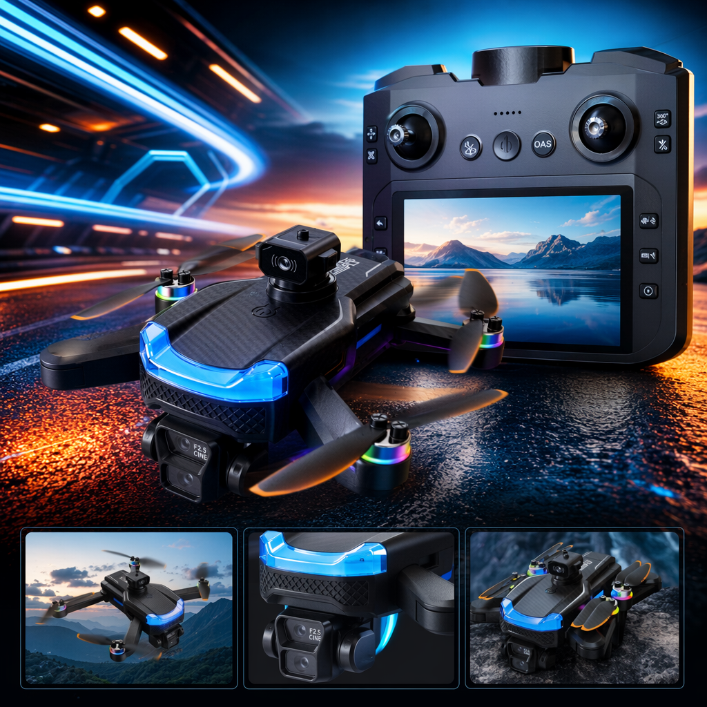 The J19P smart aerial photography drone black set includes a screen remote control, a color propeller camera and a blue decorative strip Specification image