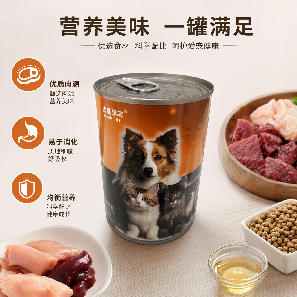 橙色罐头 罐身印有狗和猫图案 宠物食品 高蛋白主食罐