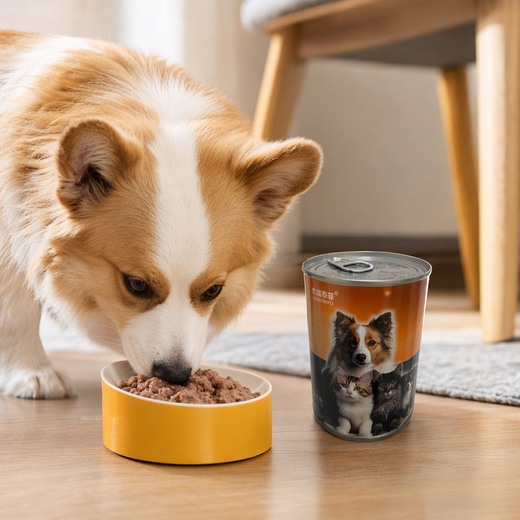 Orange cans with dog and cat patterns printed on the can body are high-protein main food cans for pets details Picture