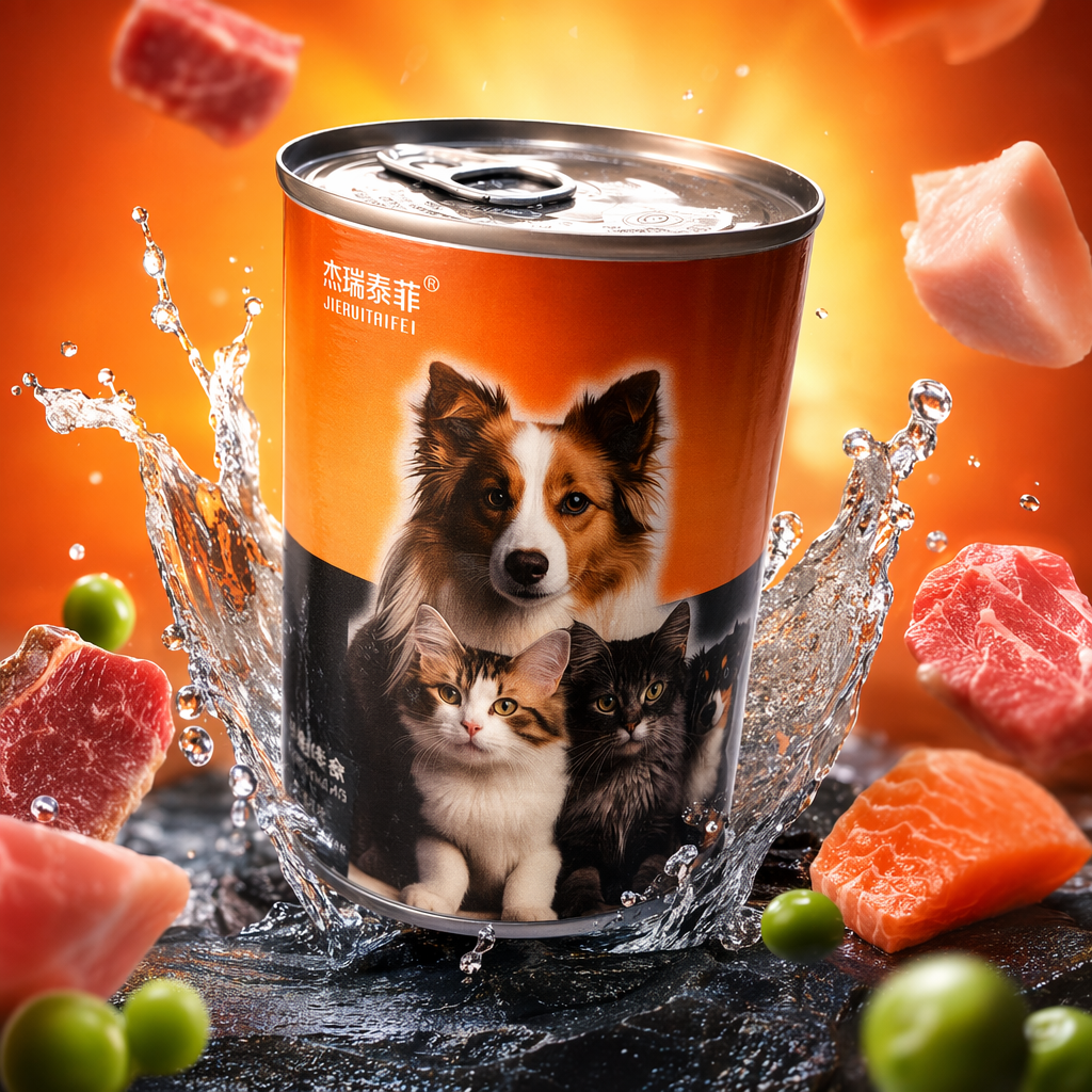 Orange cans with dog and cat patterns printed on the can body are high-protein main food cans for pets Specification image