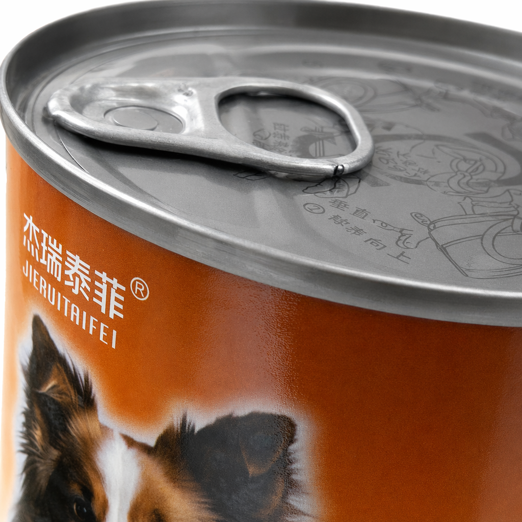 Orange cans with dog and cat patterns printed on the can body are high-protein main food cans for pets Application Scenario