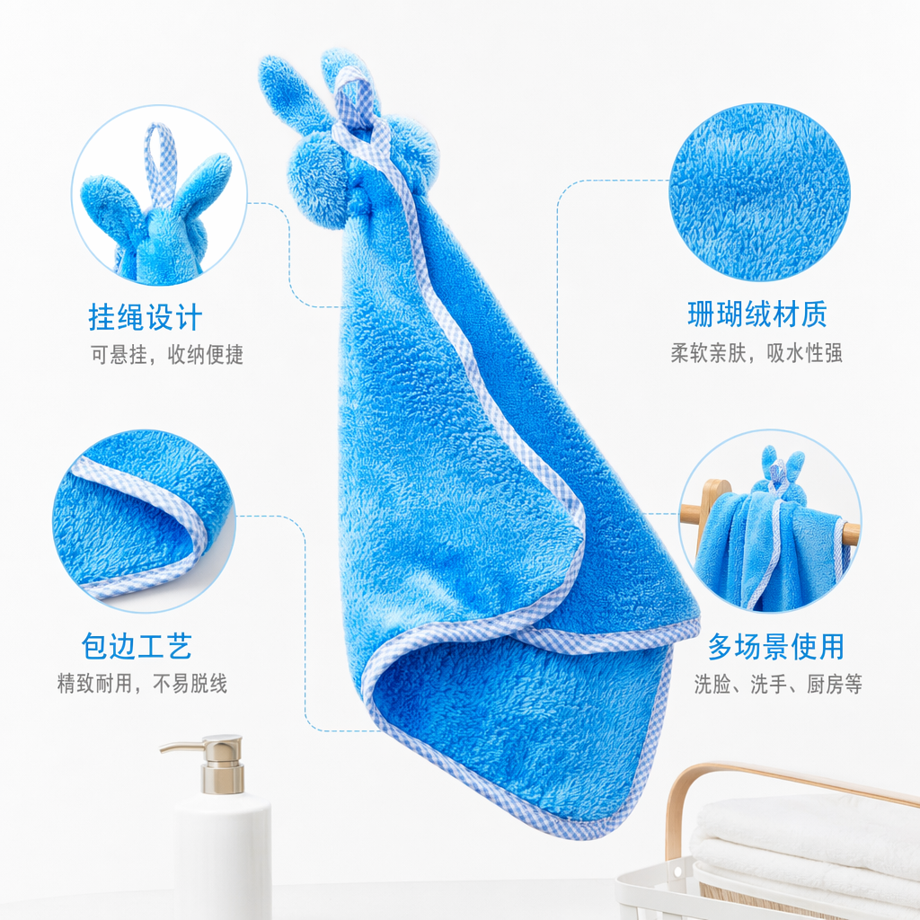 蓝色毛绒兔耳擦手巾 加厚吸水速干厨房浴室用