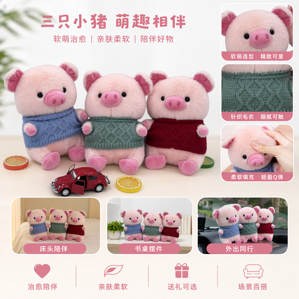 三只穿毛衣的粉色小猪毛绒玩偶可爱卧室装饰摆件