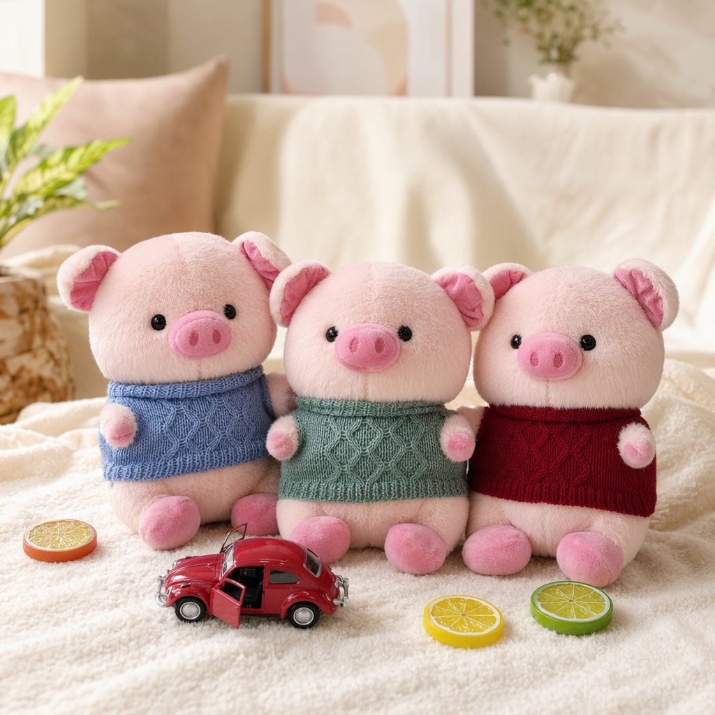 Three pink little pig plush dolls wearing sweaters are cute bedroom decorative items details Picture