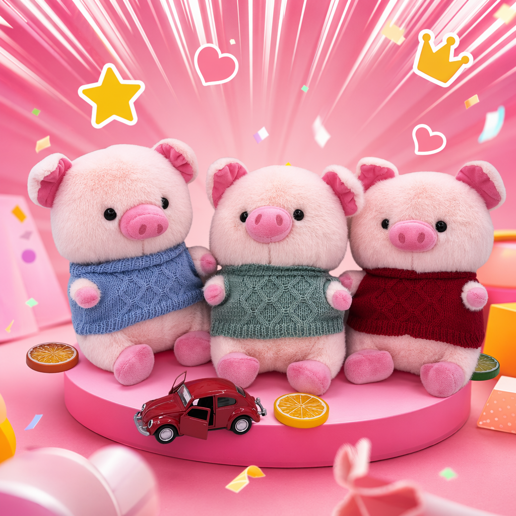 Three pink little pig plush dolls wearing sweaters are cute bedroom decorative items Specification image