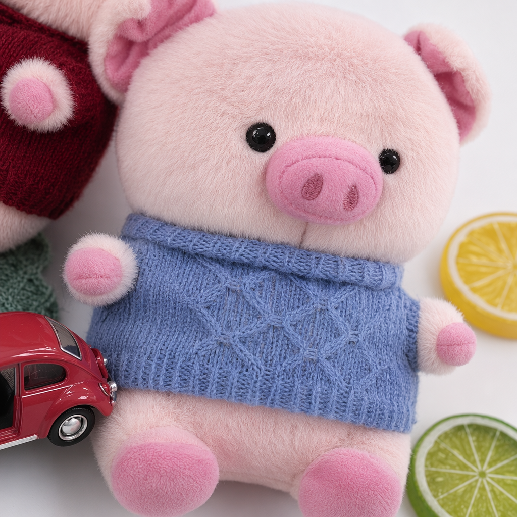 Three pink little pig plush dolls wearing sweaters are cute bedroom decorative items Application Scenario