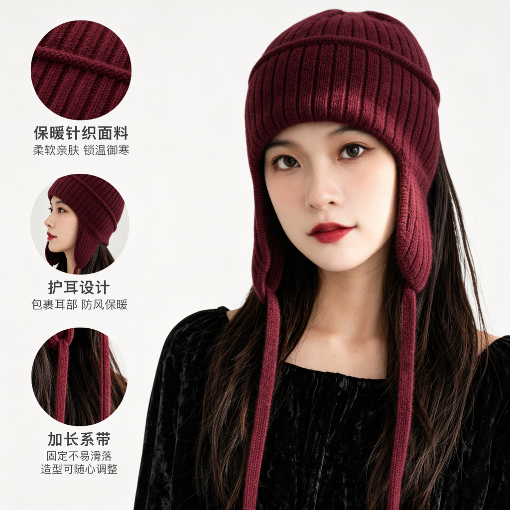Wine red knitted ear-protecting cap for women, warm winter and autumn woolen cap, Korean simple flight cap, versatile solid color knitted woolen cap, face-enhancing little winter and autumn warm ear-protecting ski Lei Feng cap