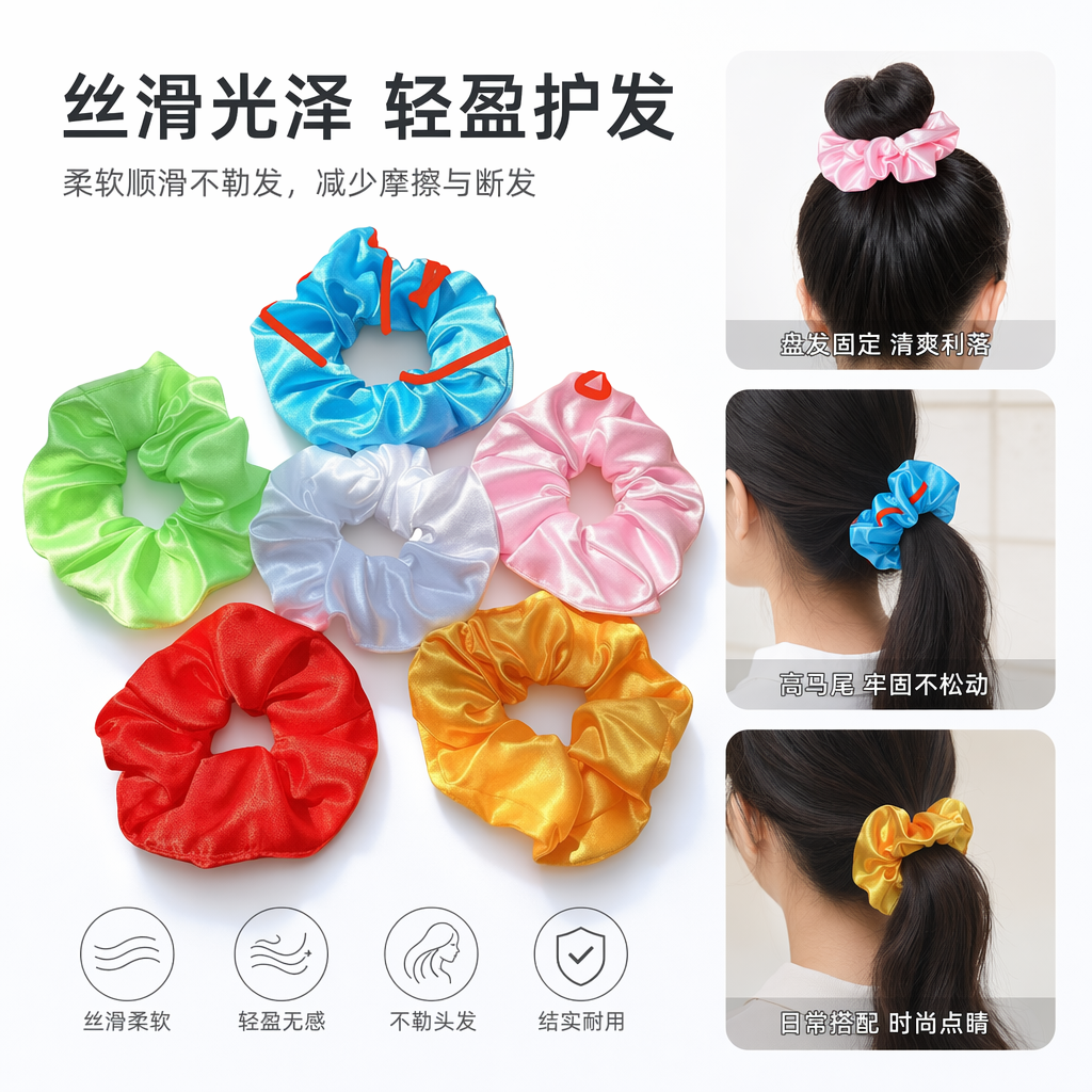 彩色丝质发圈 柔滑防滑不伤发 高弹力女士扎发用品