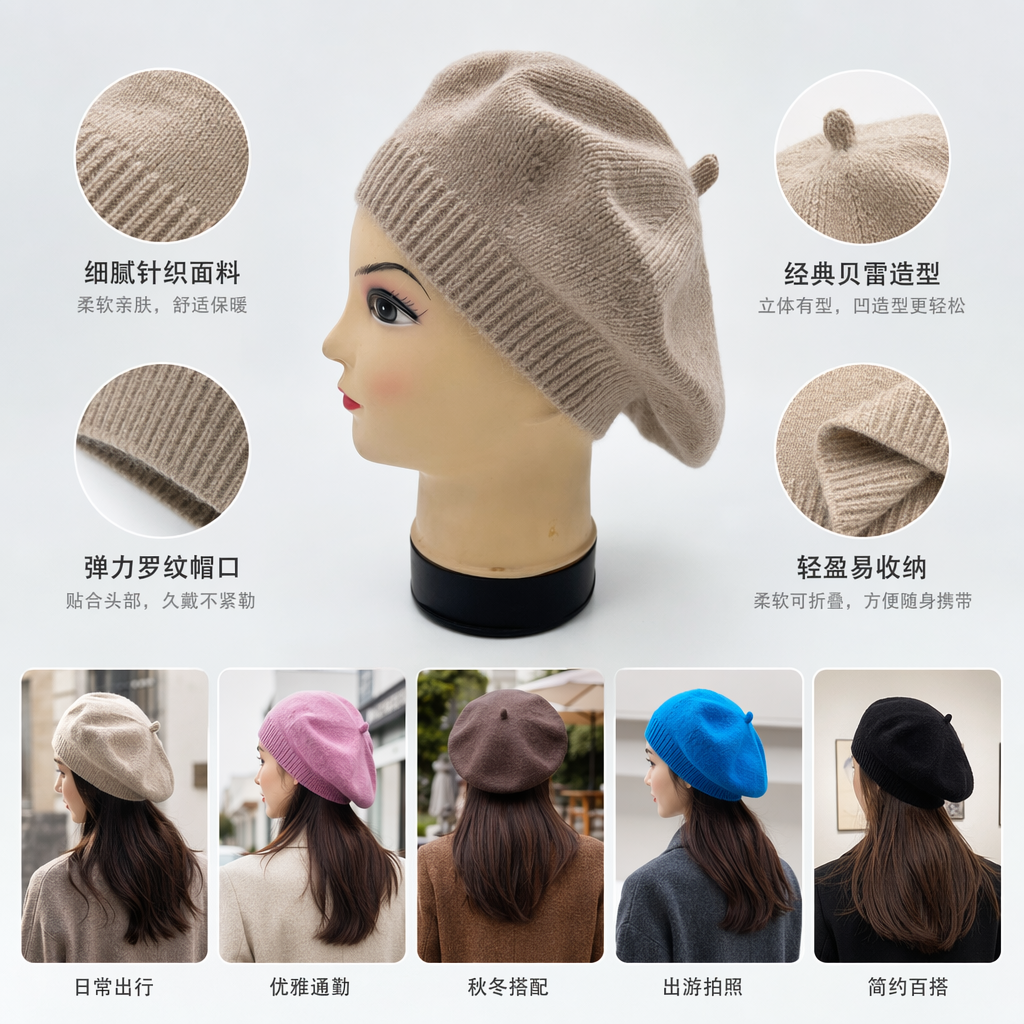 Beige knitted beret for women's autumn and winter fashion accessories model real photo Korean-style face-showing small beret solid color simple knitted autumn and winter thin and versatile ins style headscarf flower cap