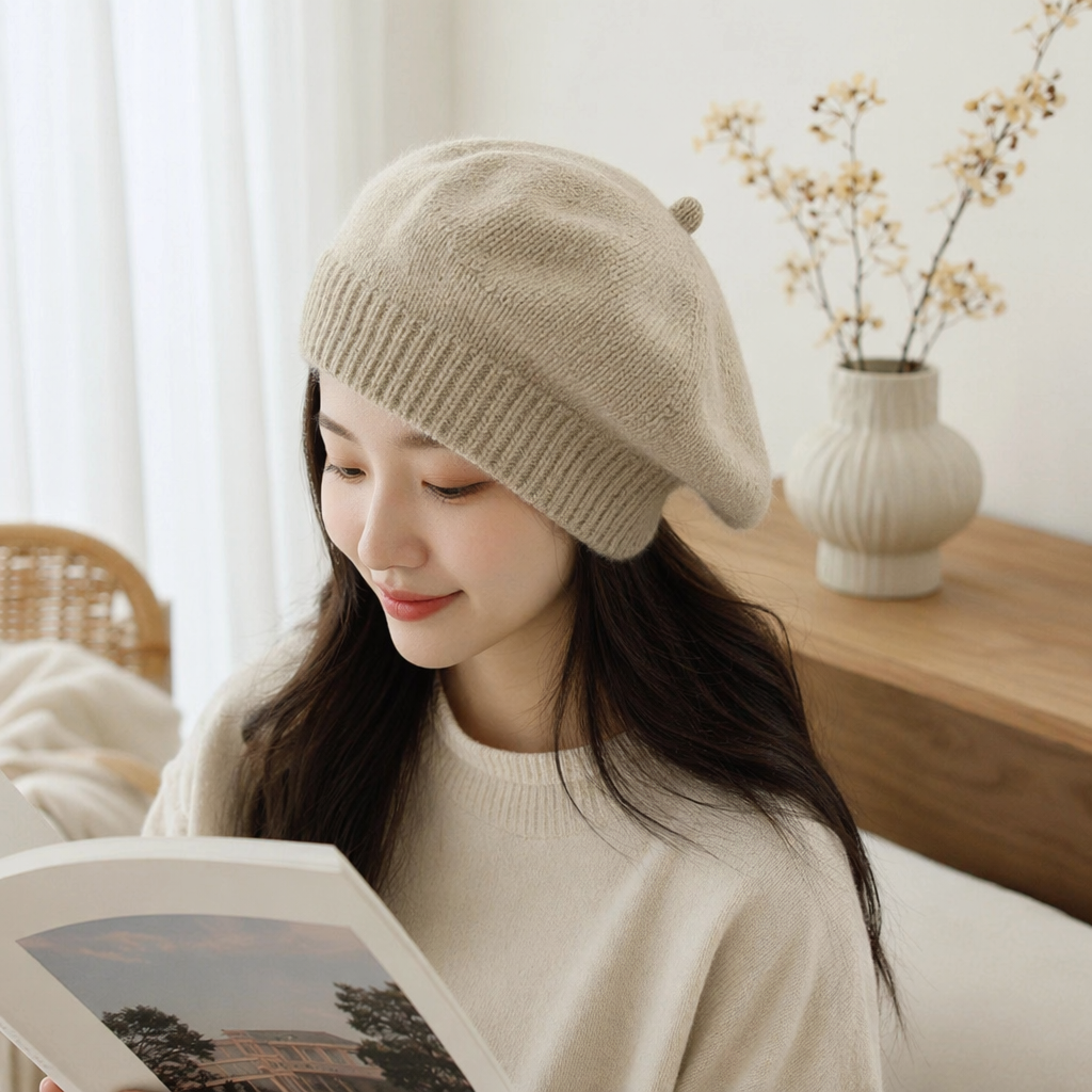 Beige knitted beret for women's autumn and winter fashion accessories model real photo Korean-style face-showing small beret solid color simple knitted autumn and winter thin and versatile ins style headscarf flower cap details Picture