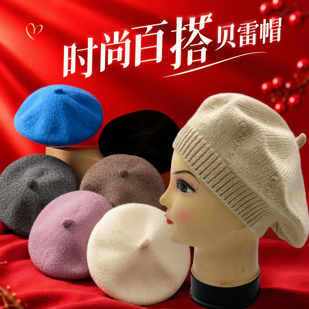 Beige knitted beret for women's autumn and winter fashion accessories model real photo Korean-style face-showing small beret solid color simple knitted autumn and winter thin and versatile ins style headscarf flower cap Specification image