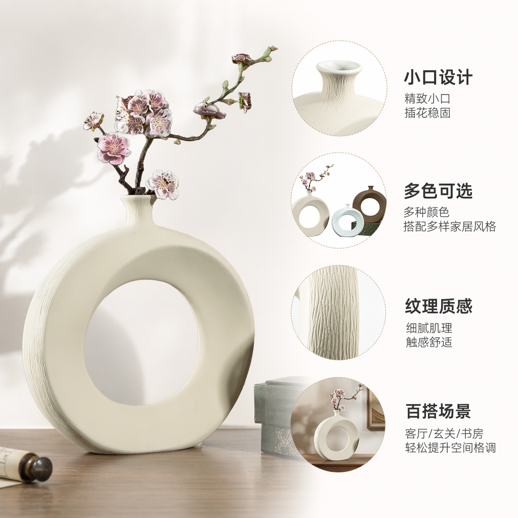 A light beige, light blue or brown circular vase with pink flowers for home decoration