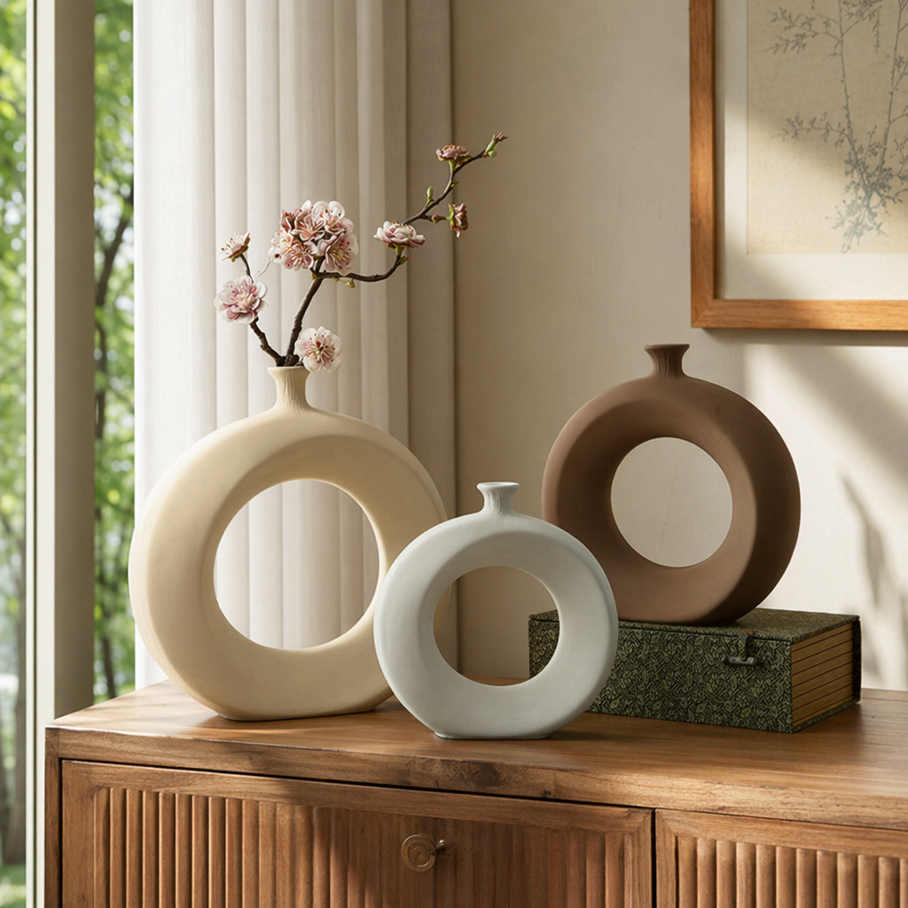A light beige, light blue or brown circular vase with pink flowers for home decoration details Picture