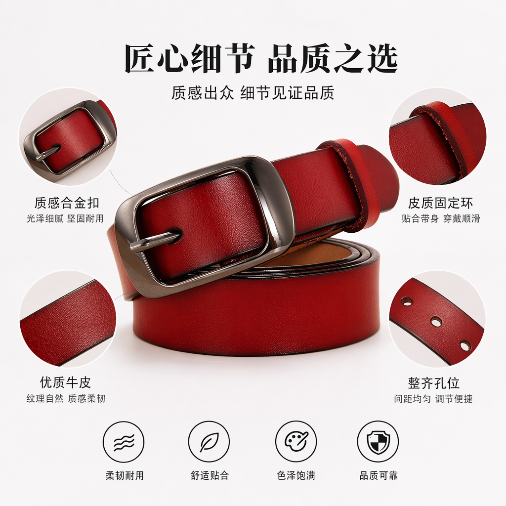 红色真皮男士腰带简约百搭时尚商务休闲皮带