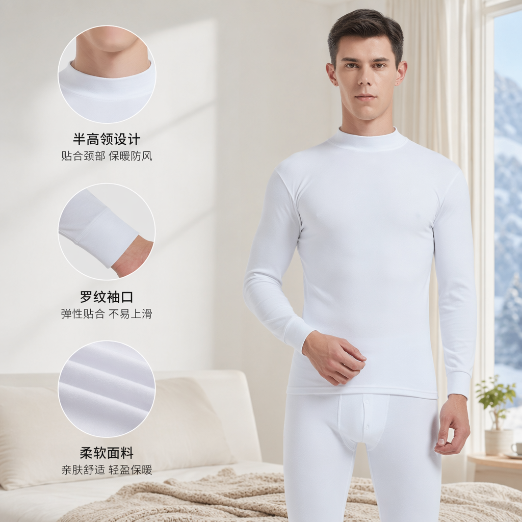 白色男士保暖衣套装加厚纯棉秋冬季打底内衣两件套