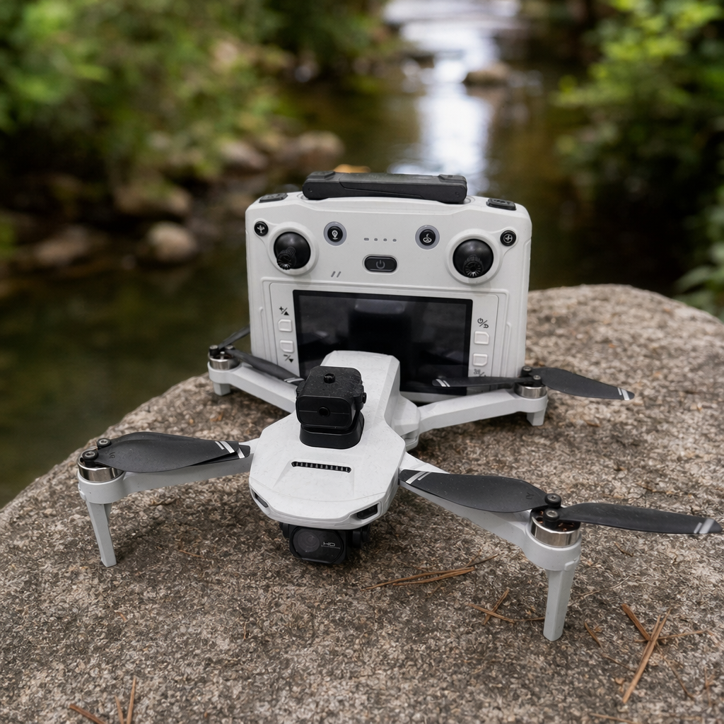 The white drone features a lightweight design and is a dual-purpose indoor and outdoor remote-controlled aerial photography device details Picture